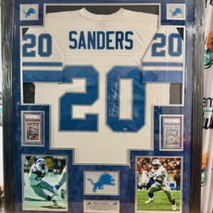 Barry Sanders Signed Framed Jersey Mitchell Ness Detroit Lions PSA Schwartz COA
