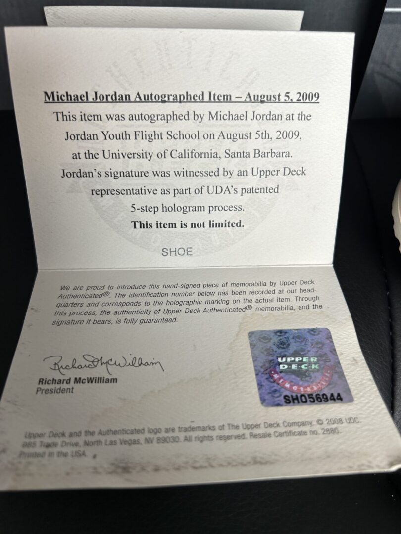 Certificate of authenticity for autographed item.