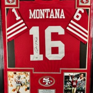 Framed signed Montana #16 San Francisco 49ers jersey with photos.