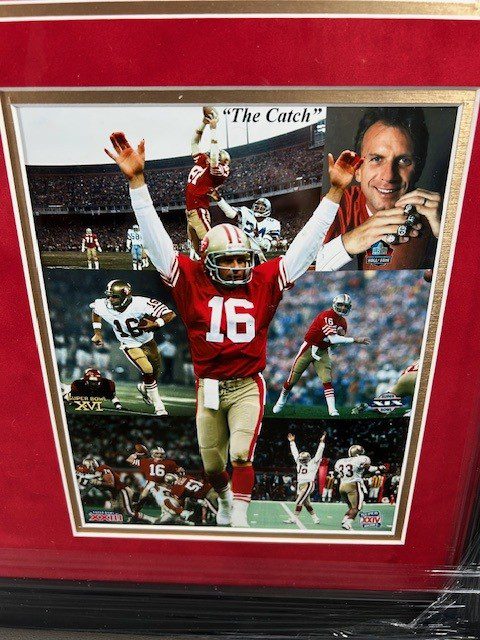 A framed collage of Joe Montana celebrating with the San Francisco 49ers.