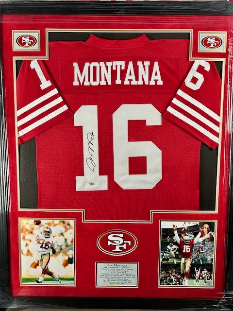 Framed signed Montana #16 San Francisco 49ers jersey with photos.