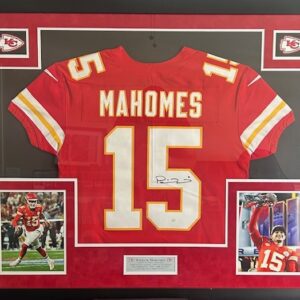Framed Patrick Mahomes jersey with photos and memorabilia.