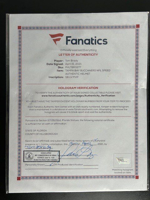 Certificate from Fanatics authenticating a signed item.