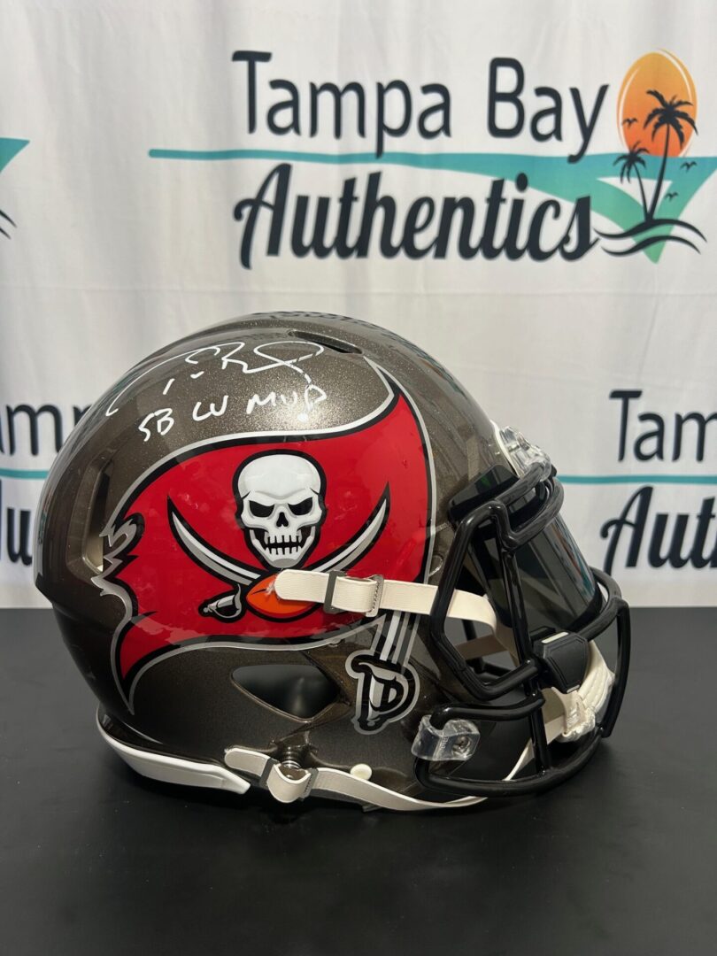 Tampa Bay Buccaneers football helmet with skull and crossed swords logo.