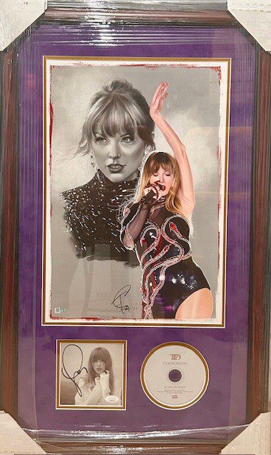 A framed display featuring a singer and memorabilia.