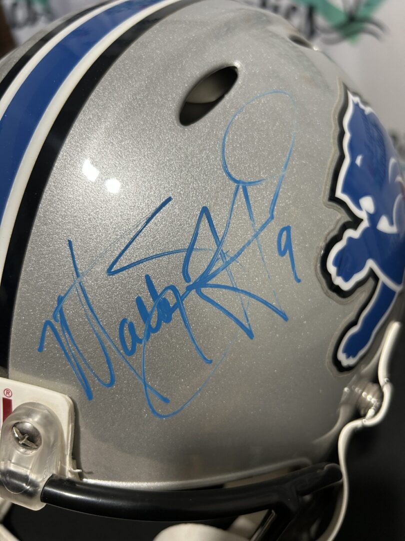Silver helmet with blue signature and logo.