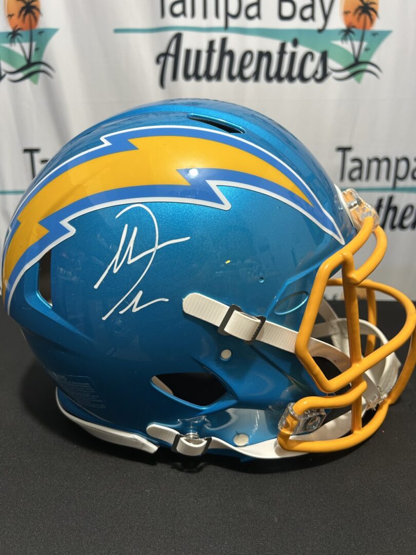 Blue football helmet with yellow lightning bolt.