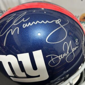 Blue helmet with two signatures, white logo.