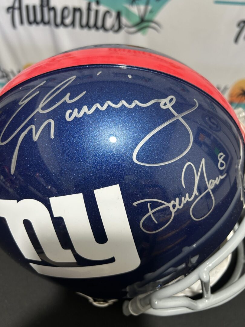 Blue helmet with two signatures, white logo.