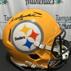 Yellow Steelers helmet with player's autograph.