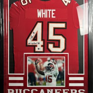 Signed Buccaneers jersey with player photo.