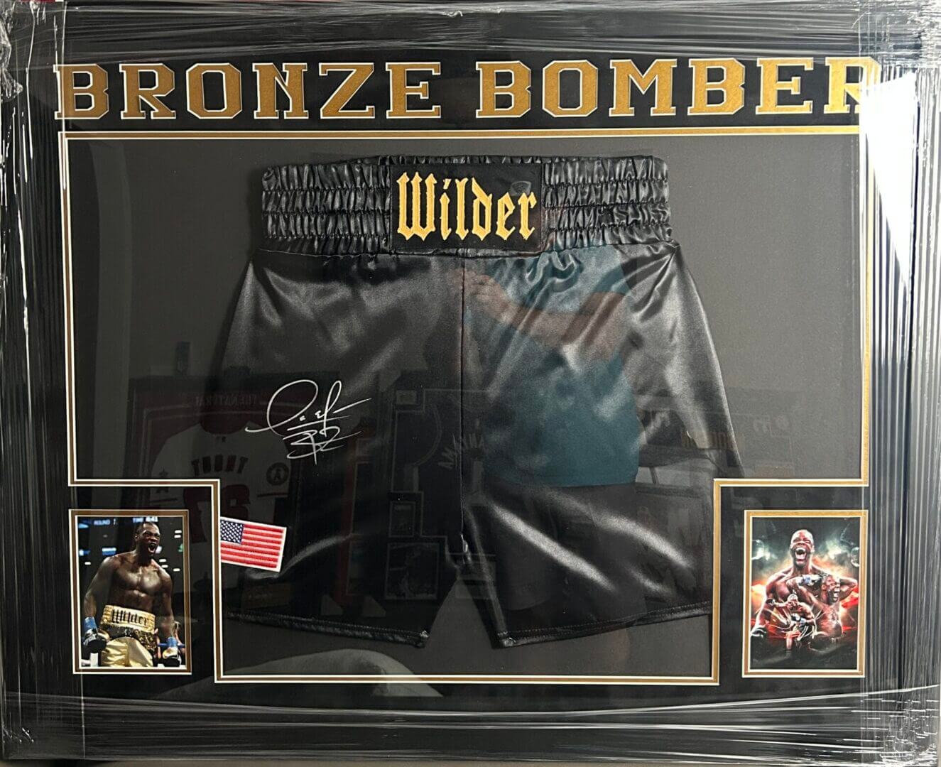 Boxing shorts with "Wilder" and "Bronze Bomber.