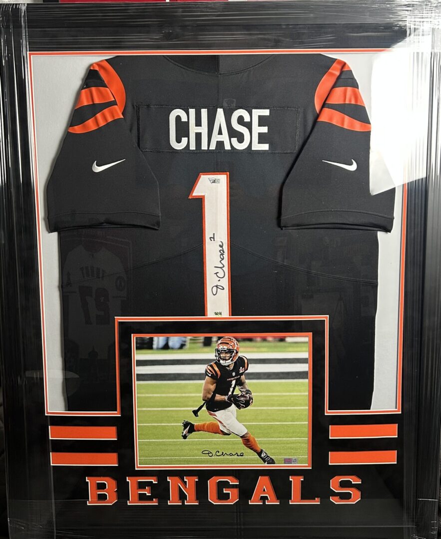 Framed Bengals jersey with action photo.