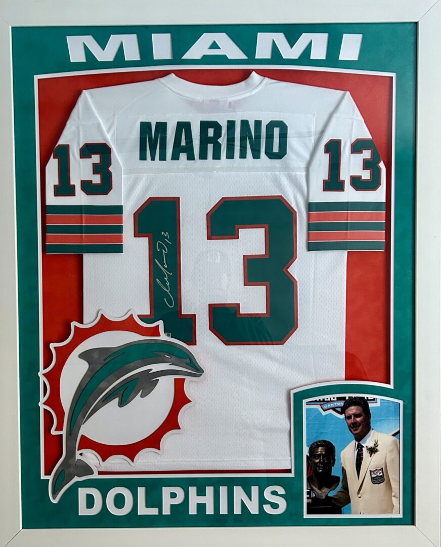 Miami Dolphins jersey in framed display.