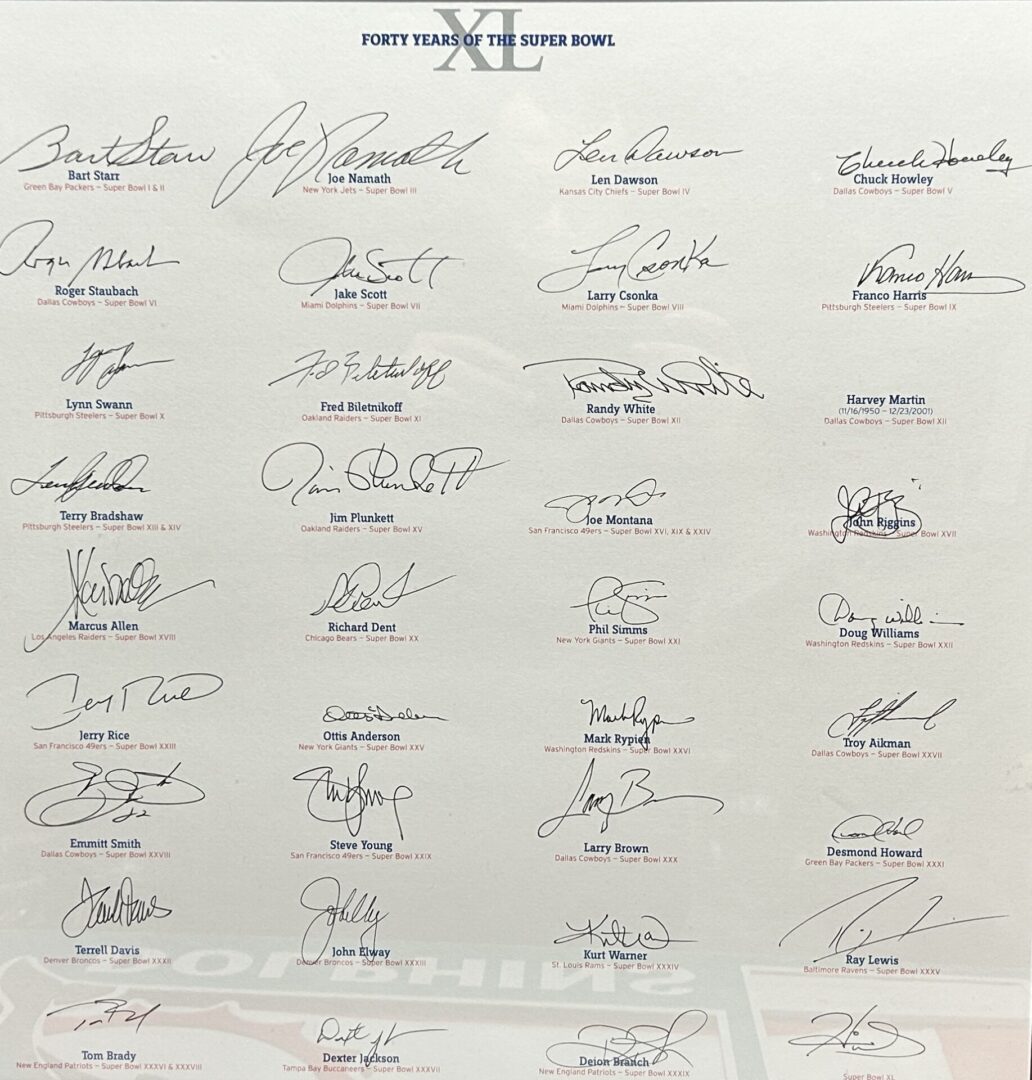 Autographed sheet celebrating Super Bowl history.